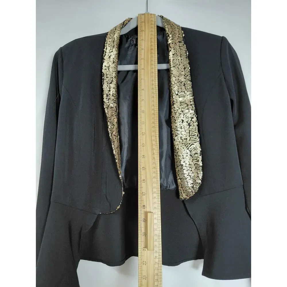 Mandee Black Gold Sequin Shawl Collar Peplum Open Front Jacket Women Size L
